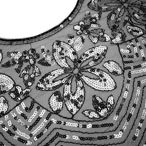 Women's Black Silver 1920s Shawl Sequin Beaded Art Evening Cape Tassel Shawls - Picture 4 of 6